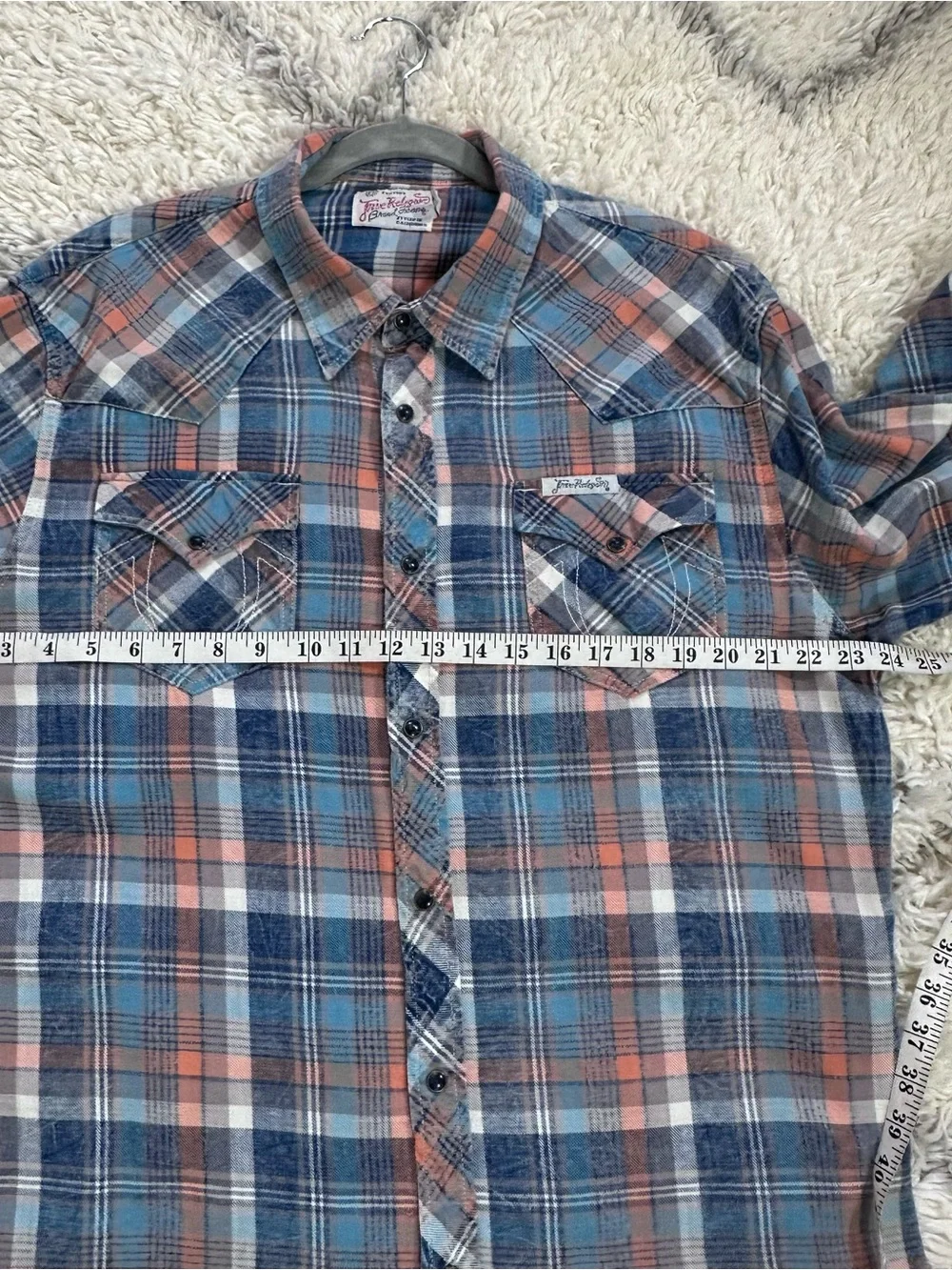 True Religion Blue and Peach Plaid Button-Down Shirt